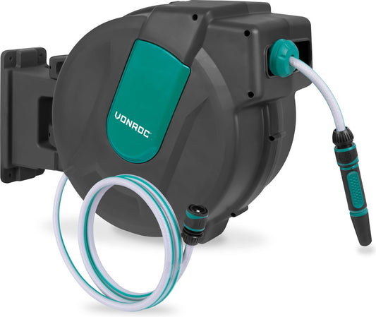 VONROC Wall Hose Box - Comprend un tuyau d'arrosage de 35 m, un tuyau de raccordement, une buse, des raccords et un robinet - Système d'enroulement automatique