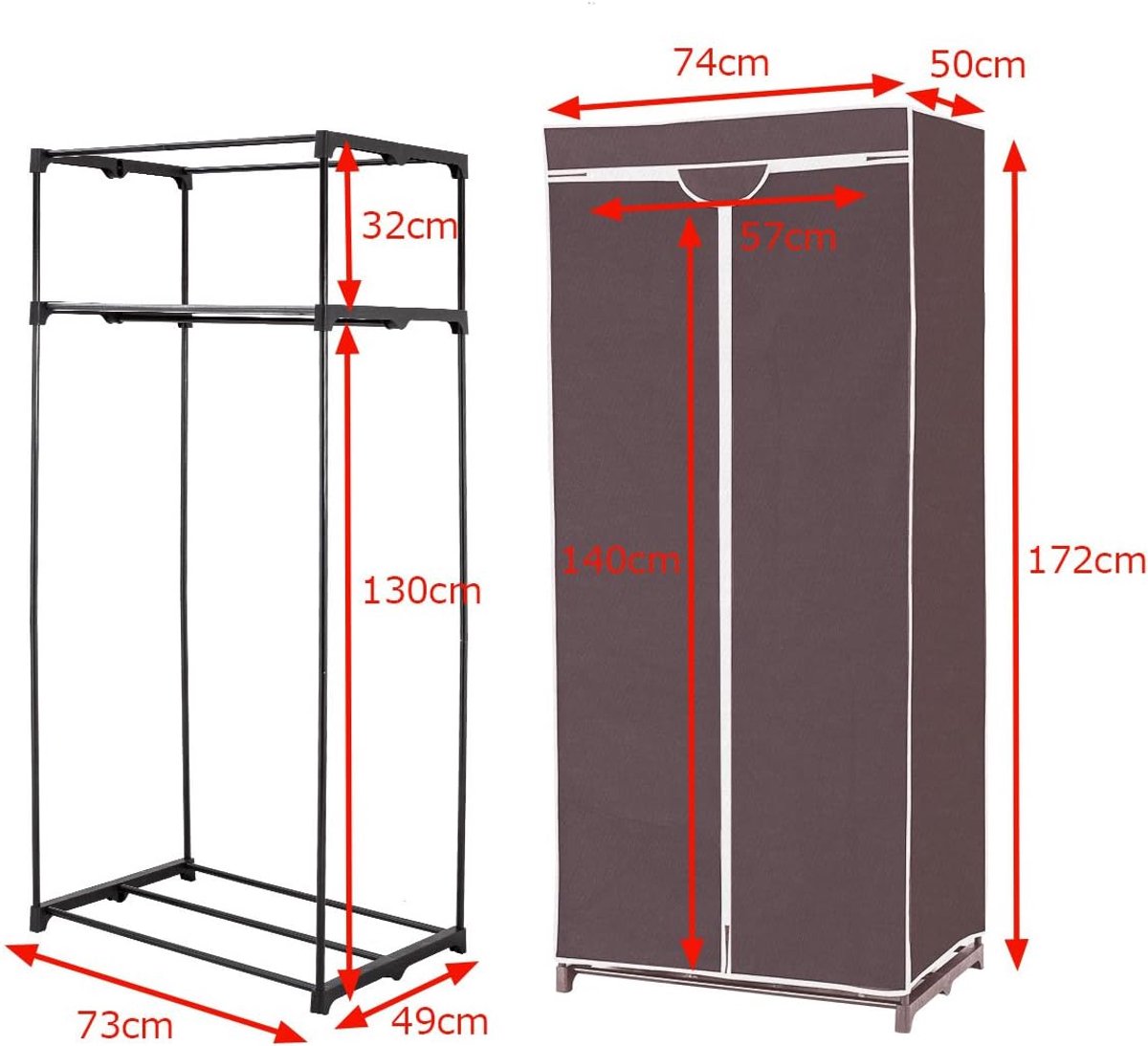 Armoire côtière en tissu - équipée d'une tringle à vêtements et d'une housse respirante avec fermeture éclair et pieds antidérapants - pour la chambre à coucher et le camping - fer noir et tissu non tissé - 74 x 50 x 172 cm