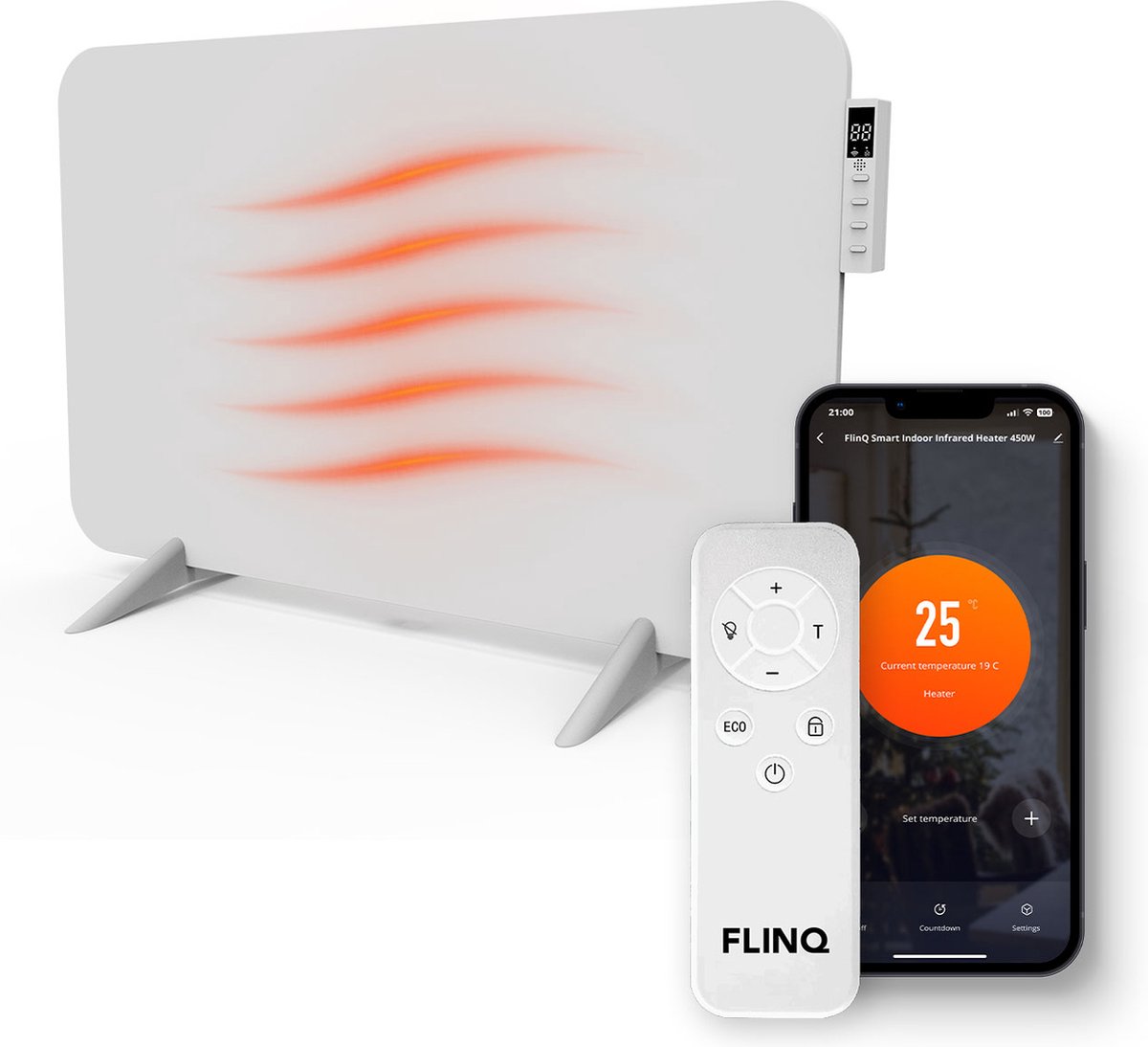 FlinQ Panneau chauffant intelligent - Infrarouge - 450 W - 12 m² - Thermostat inclus - 45 x 72,5 x 2,8 cm. -Blanc