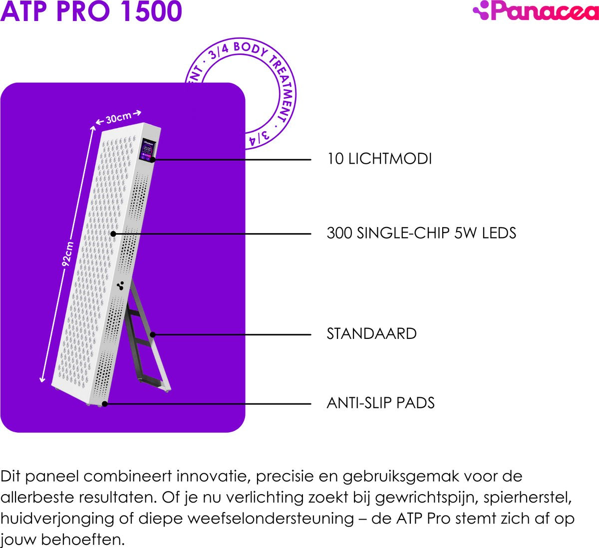 Panacea - ATP Pro 1500 Panneau de luminothérapie rouge - 92 x 30 x 7 cm - métal et aluminium - 8 longueurs d'onde et écran tactile - puissance professionnelle de 1500 watts - récupération sur l'ensemble du corps