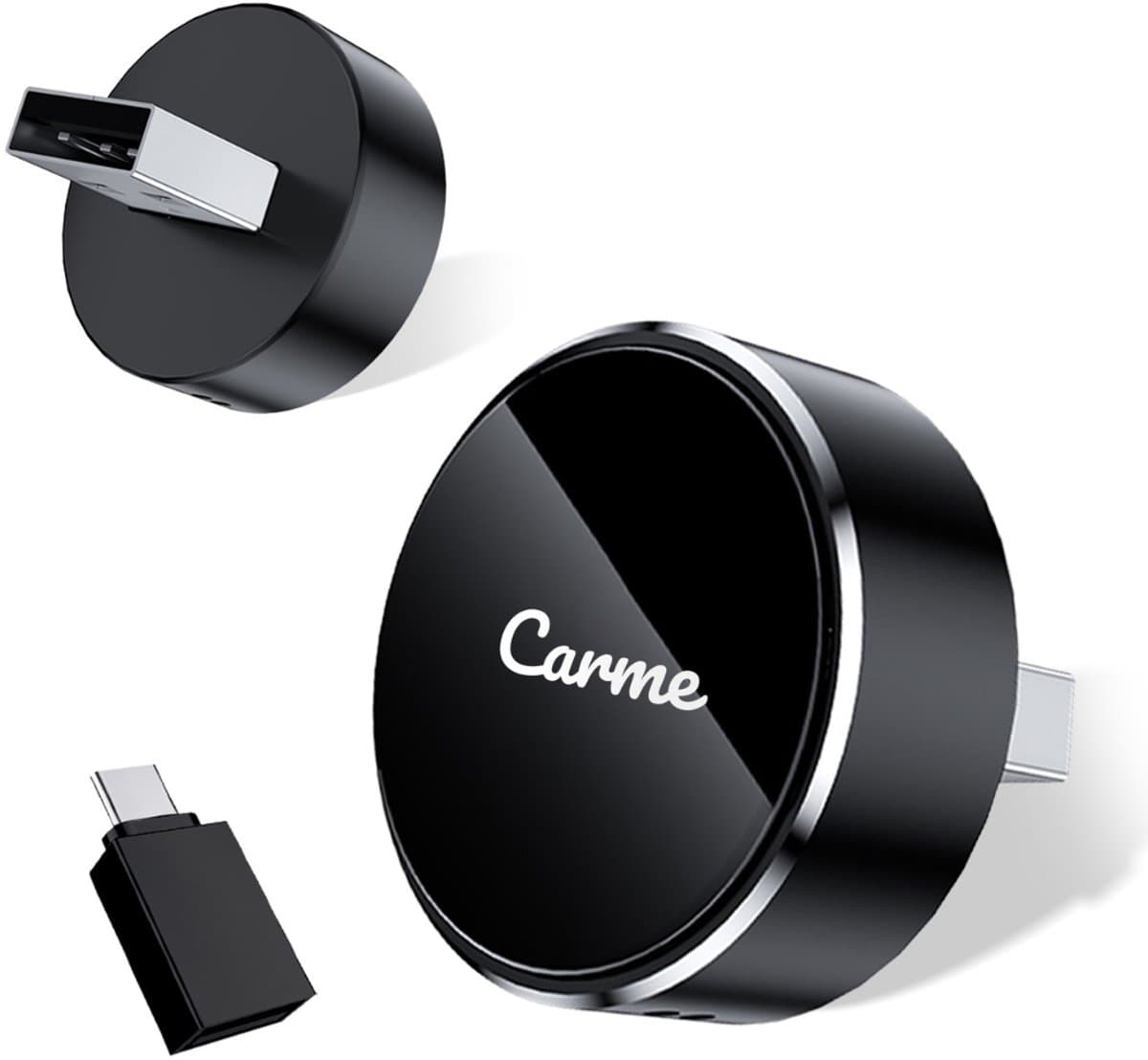 Dongle CarMe Ultra Mini 2-en-1 CarPlay – Doté d'une connexion Bluetooth sans fil, d'un micrologiciel actualisable et d'une compatibilité USB-A et USB-C – Pour Apple et Android – Plastique noir – Modèle rond