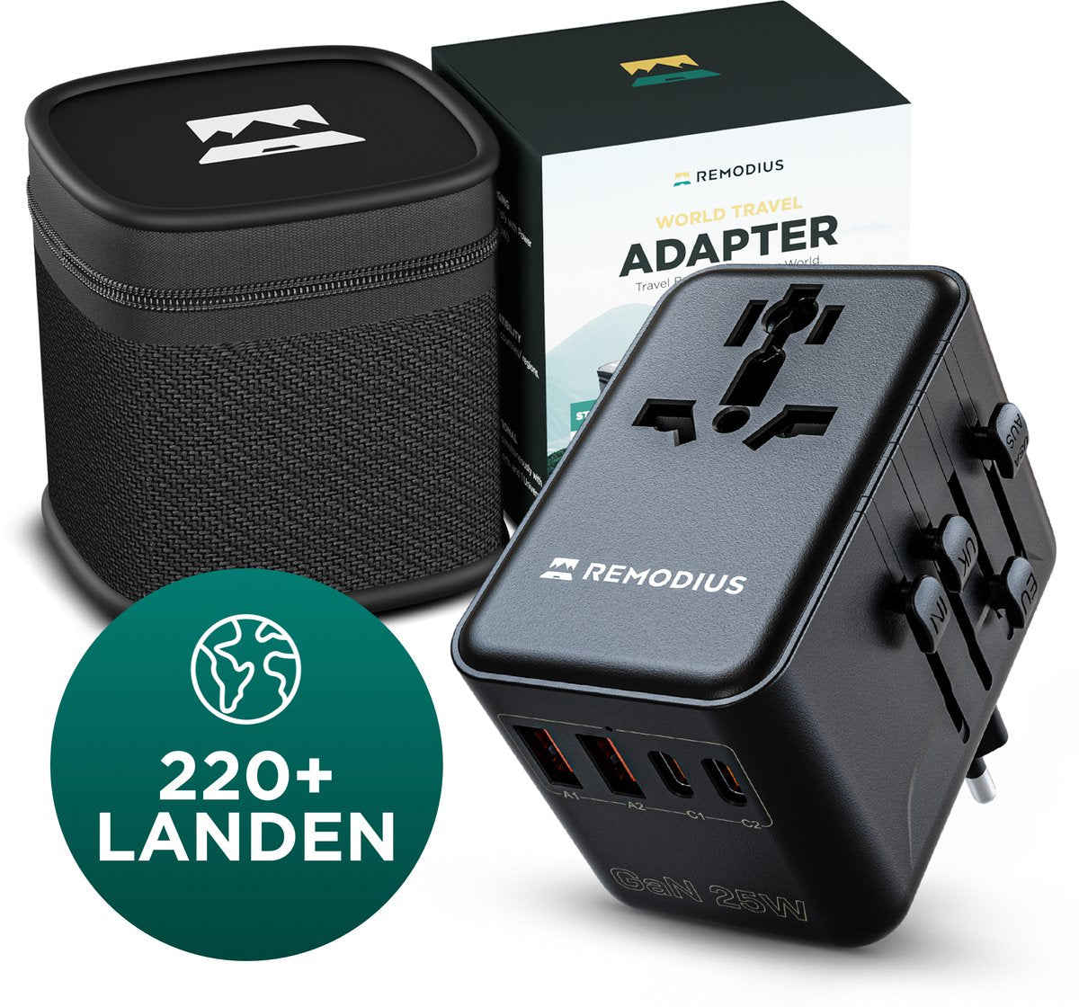 Remodius World Plug - Adaptateur de voyage universel pour plus de 220 pays - 2x USB-C & 2x USB-A - Chargeur rapide - Type A/B/C/D/E/F/G/I/J/L/N - Compact et résistant aux bagages à main