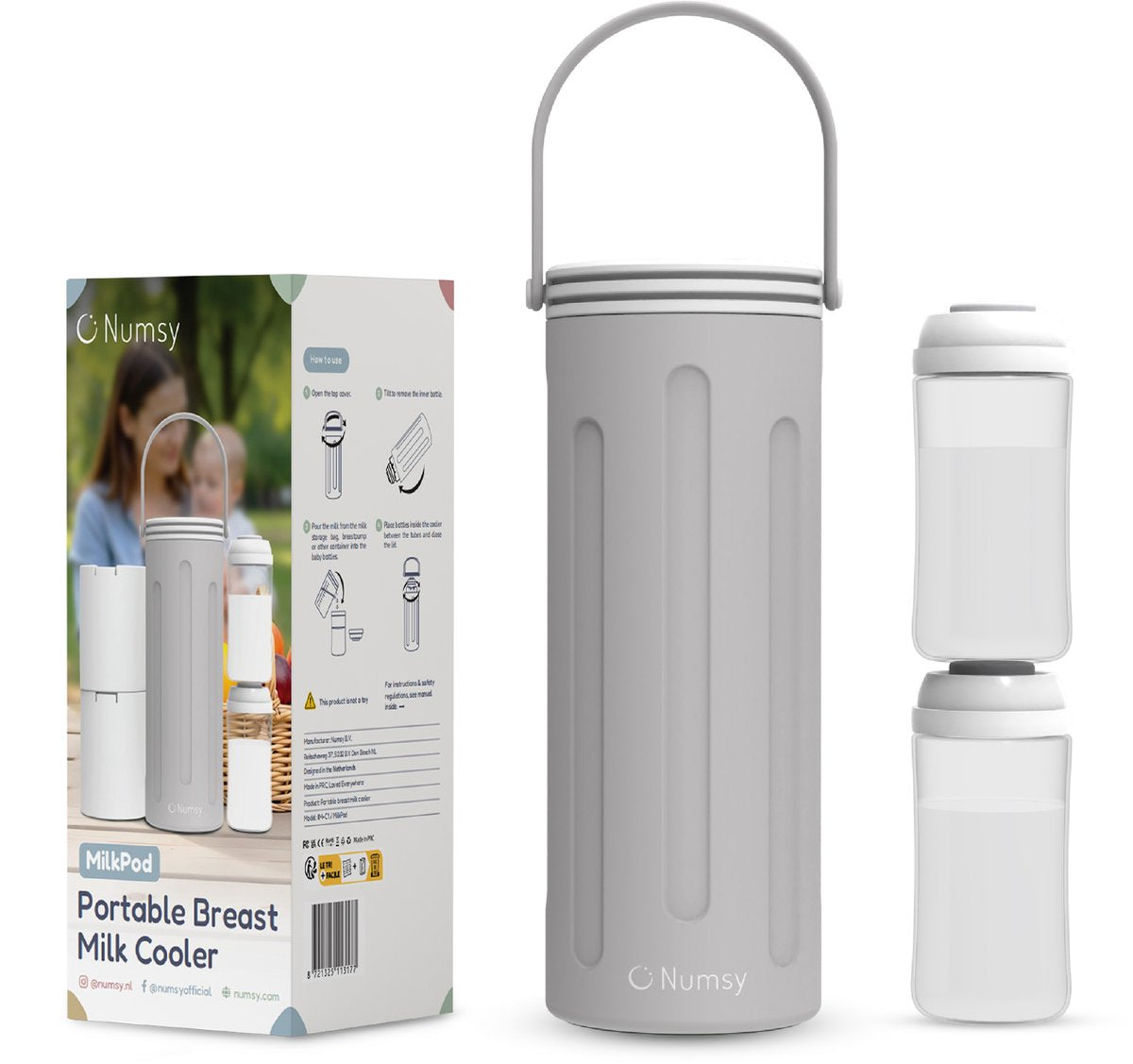 Refroidisseur de lait pour bébé Numsy - Refroidisseur de lait maternel portable - 24h de refroidissement - Pas de condensation - 2x350ml biberons sans BPA inclus - Anti-fuites - Gris clair