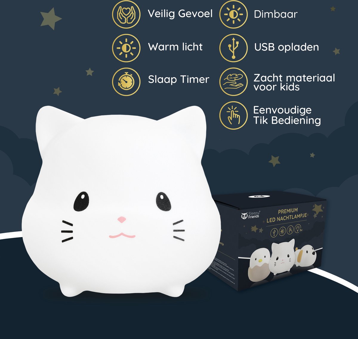 Sleepy Friends Premium Veilleuse pour chat chambre d'enfant - rechargeable par USB, dimmable, douce et sûre - 95 x 97 x 100 mm - gris