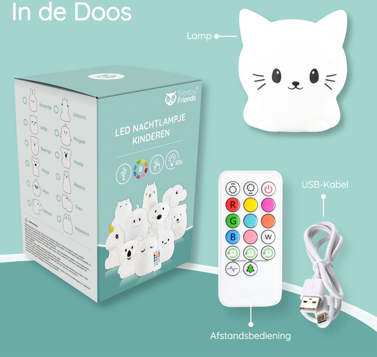 Sleepy Friends Veilleuse pour enfants Sleepy Friends Chat - 8 Couleurs - Rechargeable par USB - Dimmable - 95.2 x 97.4 x 100 mm - Gris