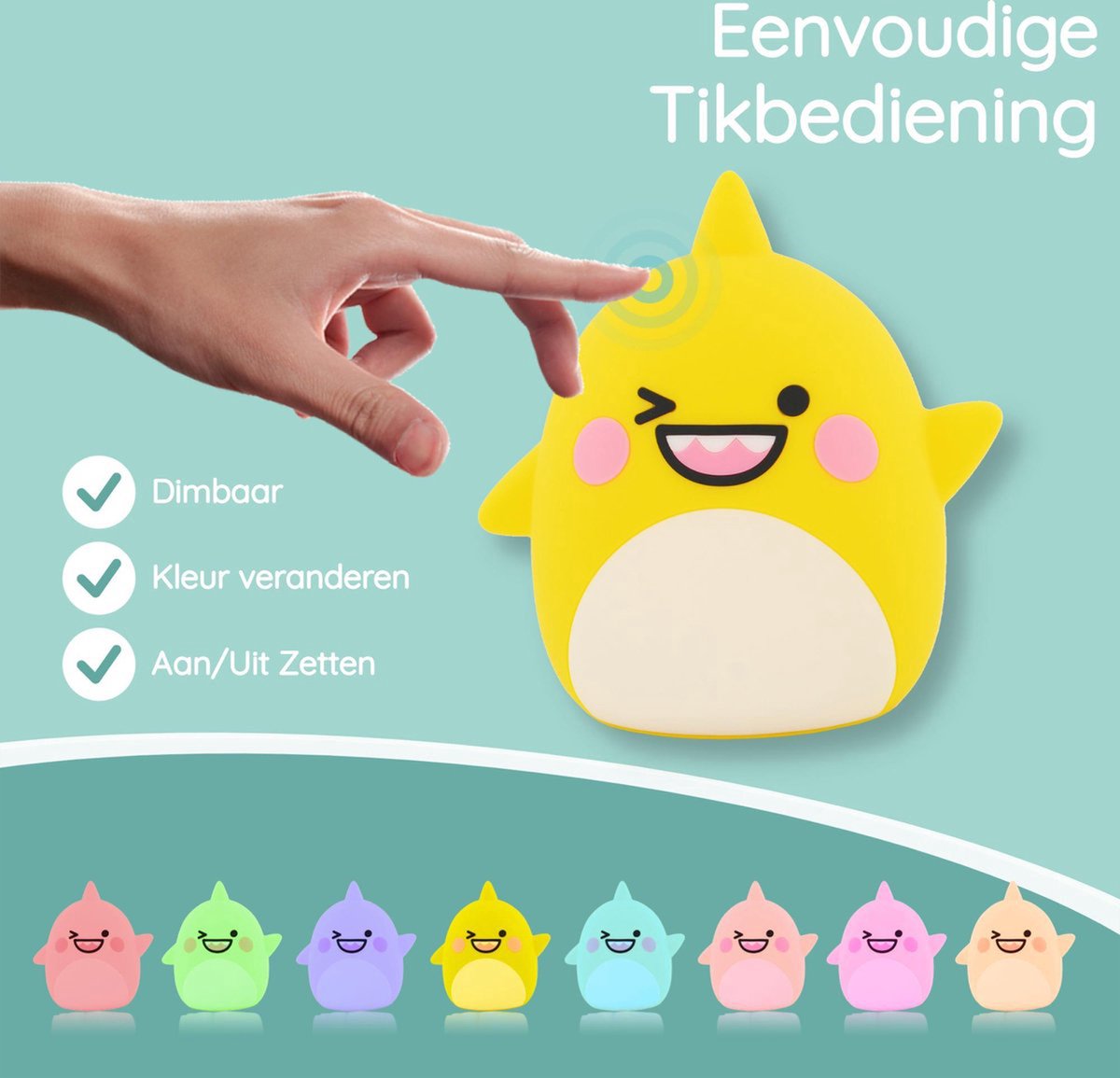 Veilleuse pour enfants Sleepy Friends Shark - 8 couleurs - Dimmable - Commande tactile et à distance - Rechargeable par USB - 95x97x100 mm - Silicone souple