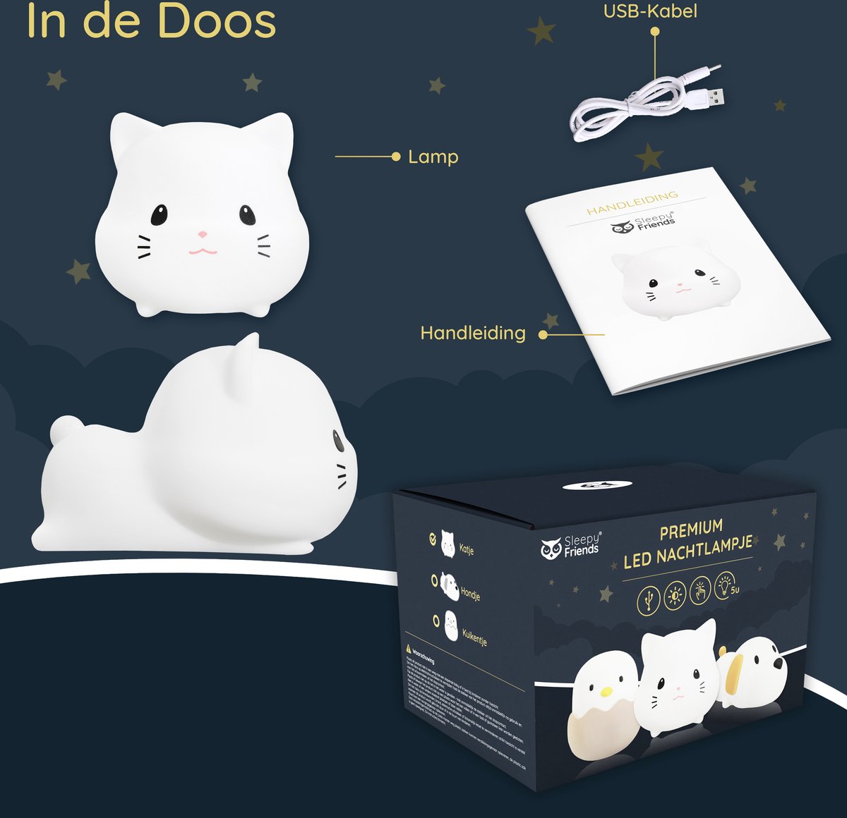 Sleepy Friends Premium Veilleuse pour chat chambre d'enfant - rechargeable par USB, dimmable, douce et sûre - 95 x 97 x 100 mm - gris