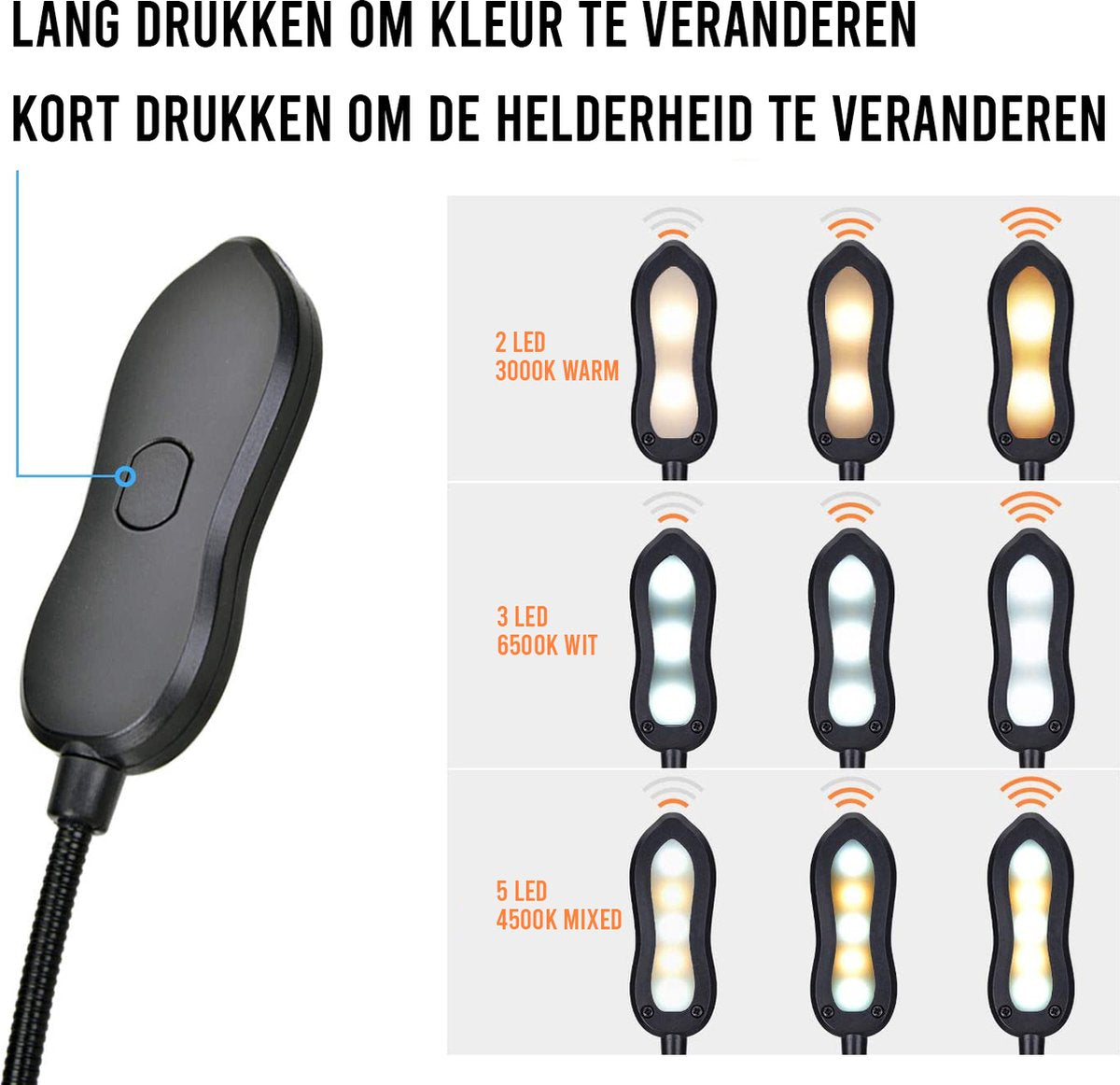 Lampe de lecture Podec - avec pince et niveaux de lumière graduables - rechargeable - 9 x 3 x 17 cm - noir