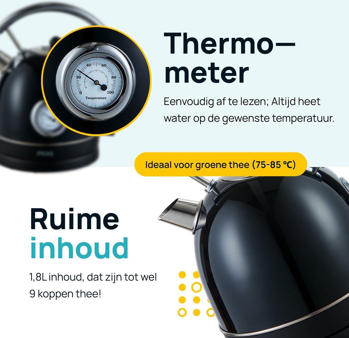 MOA® Retro Kettle - 1,8 litre - Acier inoxydable - Avec thermomètre et filtre anticalcaire - 2200W - Noir
