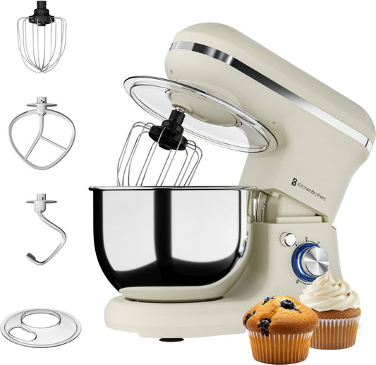 KitchenBrothers Robot de cuisine - 1200W - 5L Bol de mixage - 6 Vitesses + Pulse - Robot de cuisine avec crochet pétrisseur, fouet et crochet mélangeur - Champagne