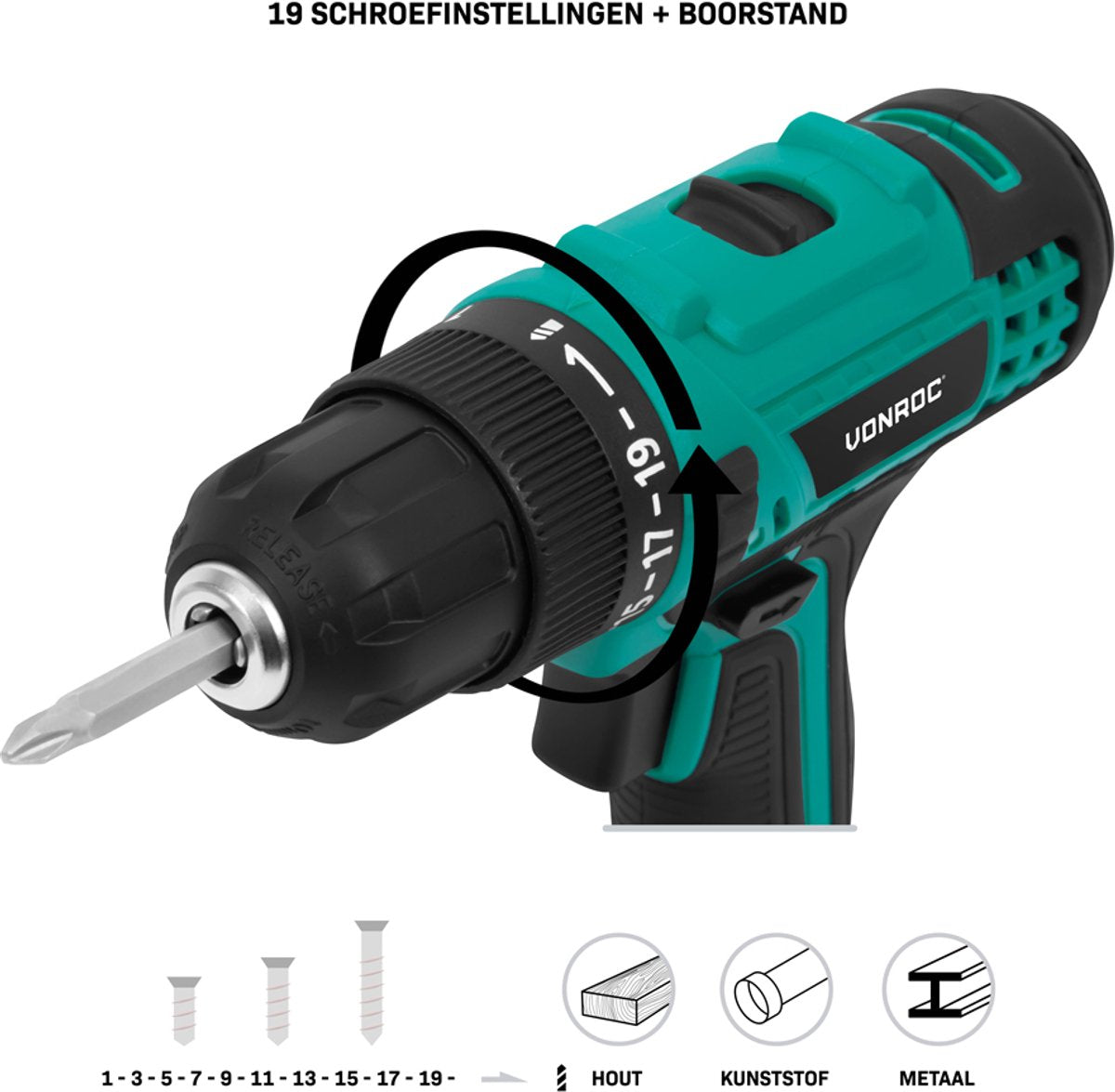 Vonroc Perceuse sans fil 20V - 19 modes de vissage + mode de perçage - 2 embouts inclus - Batterie et chargeur rapide inclus