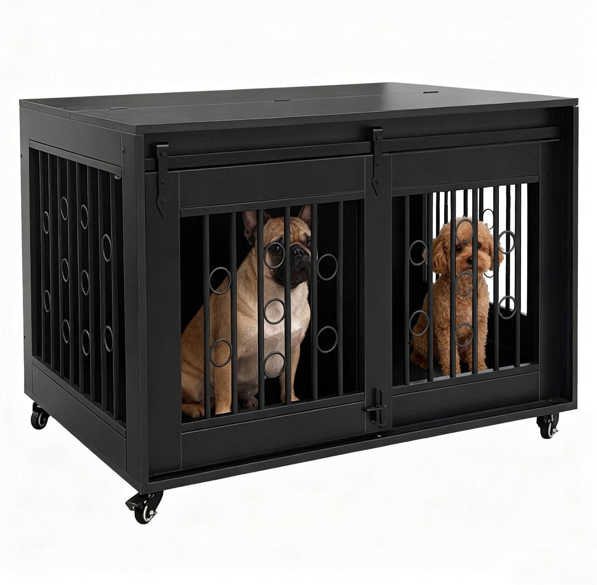 HuisenDier niche sur roues - banc pour 2 chiens - mobile - 2 espaces séparés - chiot et petit chien - noir