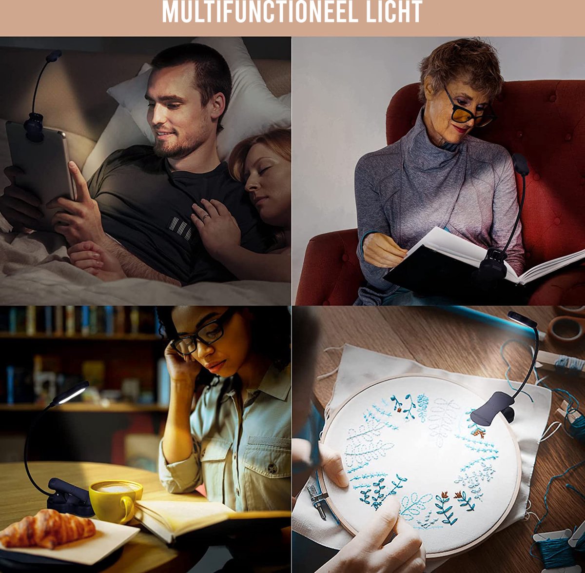 Lampe de lecture Podec - avec pince et niveaux de lumière graduables - rechargeable - 9 x 3 x 17 cm - noir