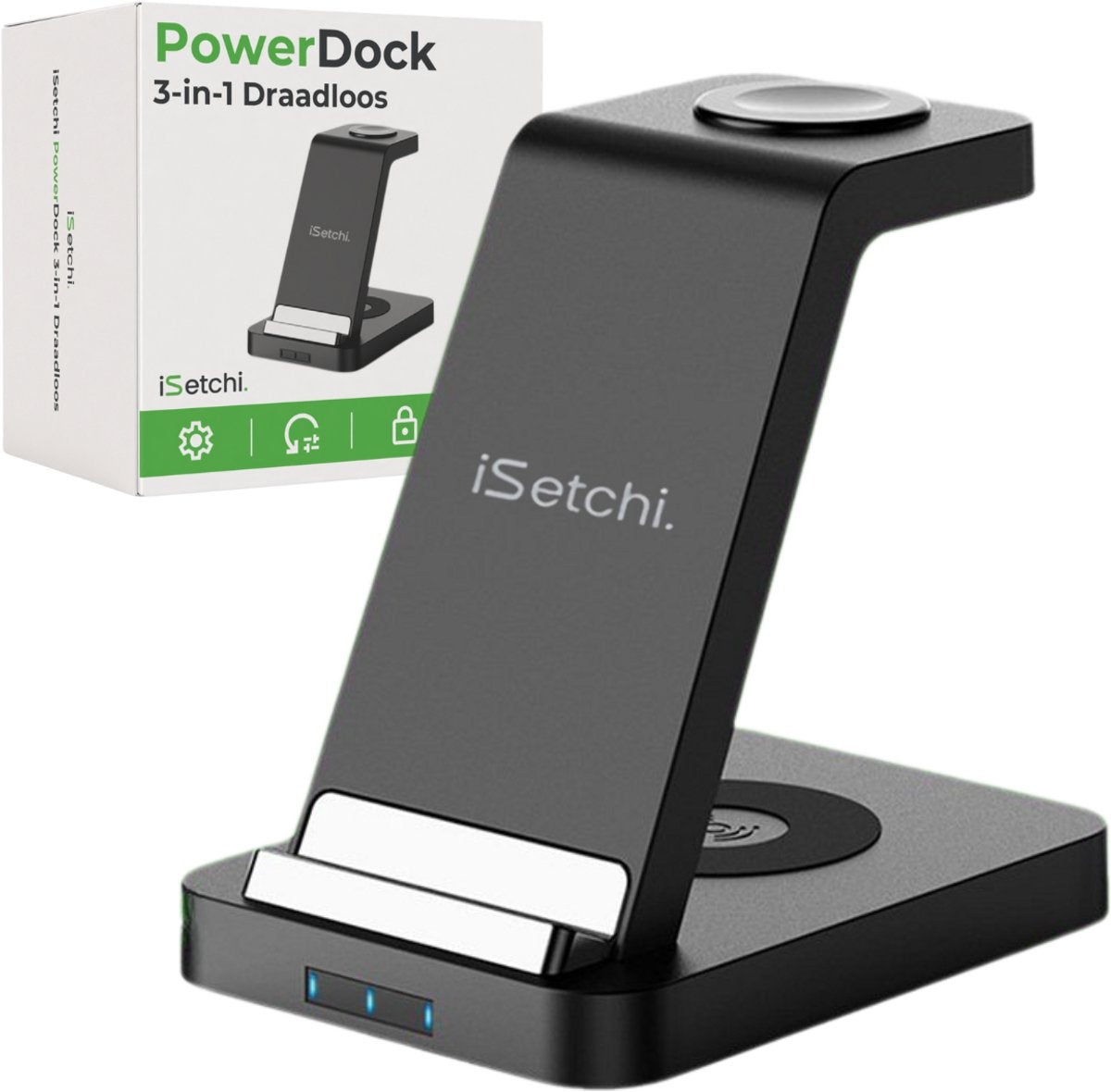 iSetchi Wireless 3-in-1 Charging Station - Indicateur LED - Chargement rapide 15W - Noir
