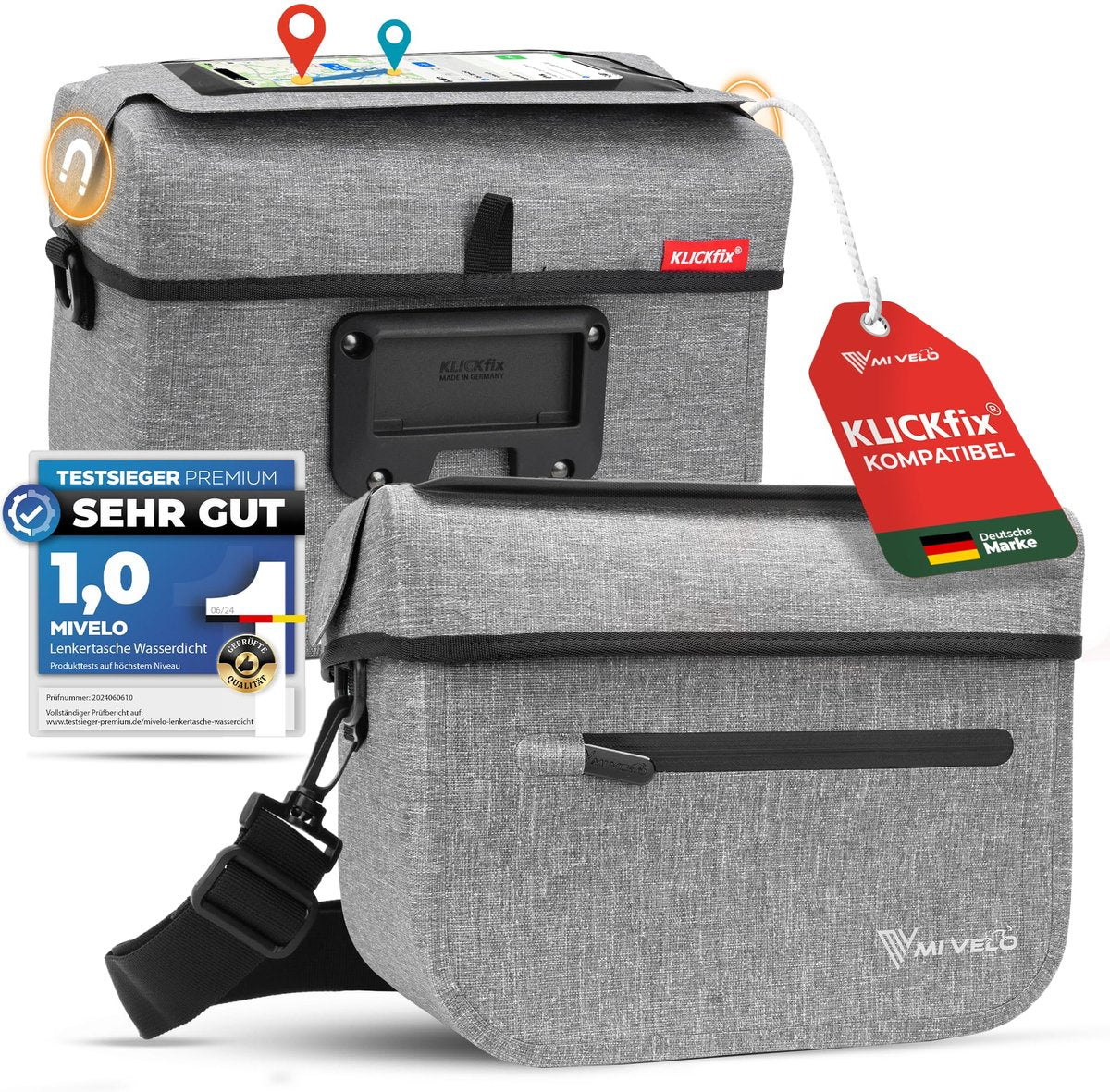 MIVELO Sacoche guidon enfant KLICKfix - Imperméable - Compartiment mobile - Gris