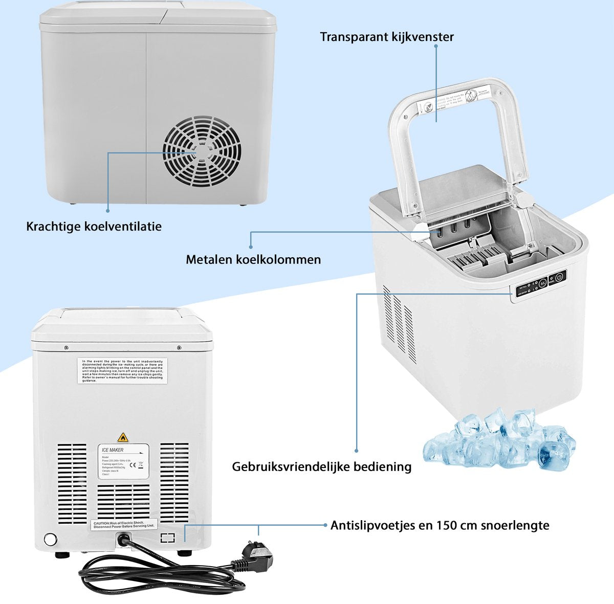 TZS First Austria 5104 Machine à glaçons - Machine à glaçons avec cuillère et bac de récupération - 2.2L - Blanc