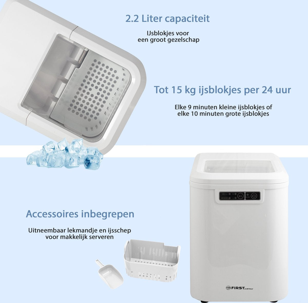 TZS First Austria 5104 Machine à glaçons - Machine à glaçons avec cuillère et bac de récupération - 2.2L - Blanc