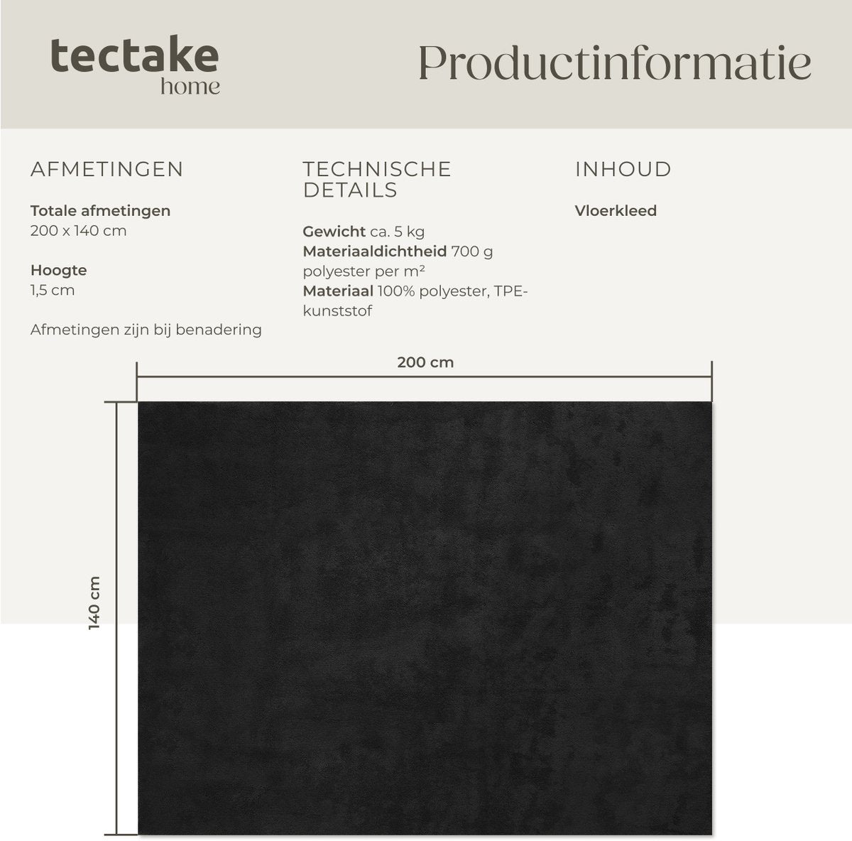 tectake Tapis Soft Zone - poils courts - extra doux - noir - 140 × 200 cm