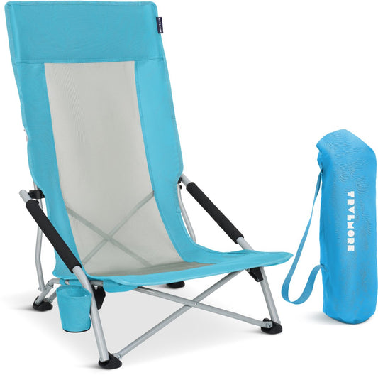 TRVLMORE Chaise de plage - pliable - capacité de charge de 130 kg - avec porte-gobelet et sac de transport - dossier haut - bleu