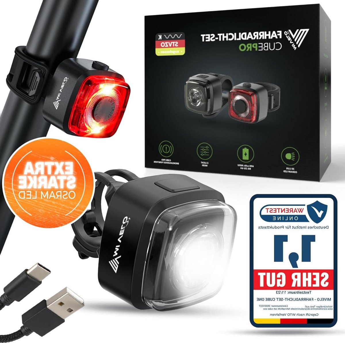 Ensemble de feux de vélo avec indicateur de freinage - Feu de vélo LED homologué StVZO et étanche IPX5 - Feu de vélo avant et arrière rechargeable via USB - Feu de vélo avant et arrière avec batterie rechargeable