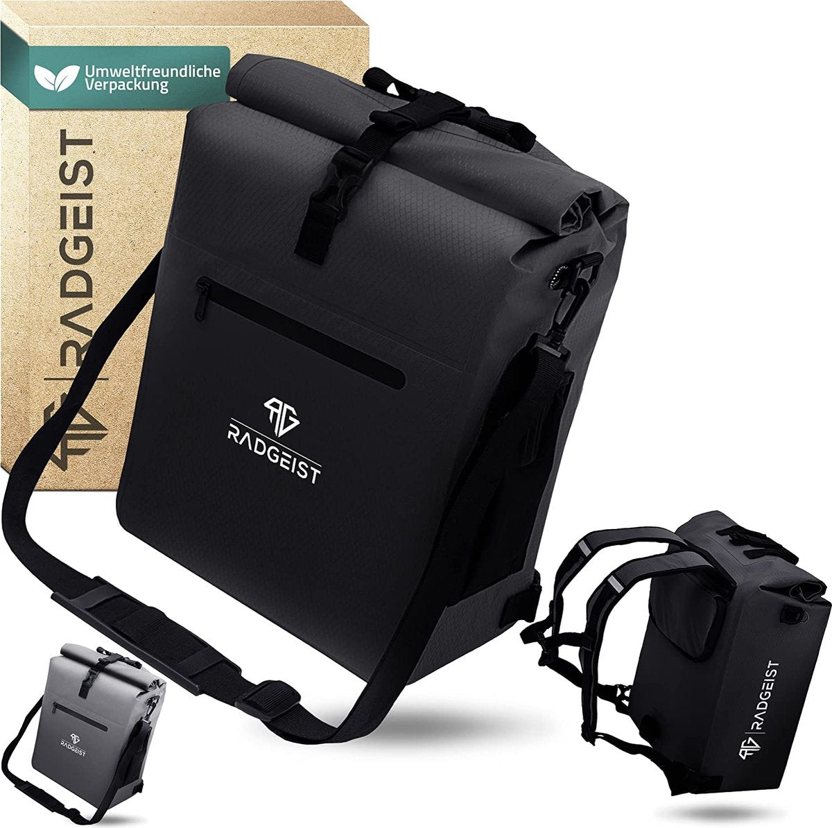 RADGEIST 3-in-1 Pannier Bagage - Sac à dos, sac à bandoulière et sac porte-bagages - Imperméable avec compartiment pour ordinateur portable 25L - Noir