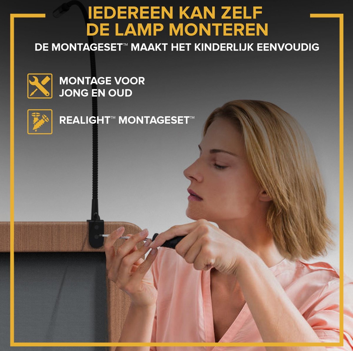 Realight BL300 Lampe de lit - Lampe de nuit LED avec fonction variateur - Lampe de lecture pour le lit et la tête de lit - Lampe tactile - Lumière blanche chaude - 2 pièces - 58 cm - Noir