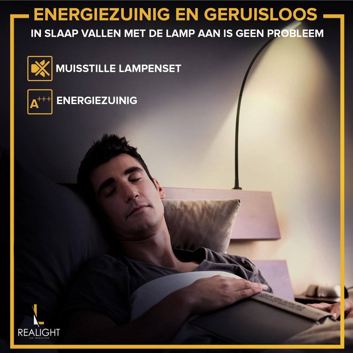 Realight BL300 Lampe de lit - Lampe de nuit LED avec fonction variateur - Lampe de lecture pour le lit et la tête de lit - Lampe tactile - Lumière blanche chaude - 2 pièces - 58 cm - Noir
