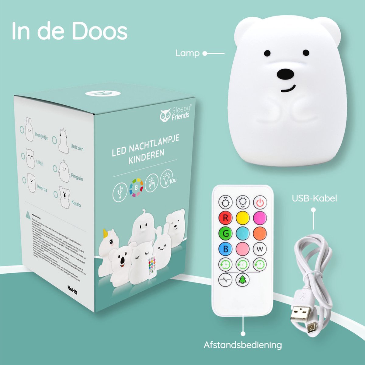 Ourson veilleuse pour enfants Sleepy Friends - 8 couleurs - Dimmable et rechargeable par USB - 95 x 97 x 100 mm - Veilleuse pour chambre de bébé et d'enfant