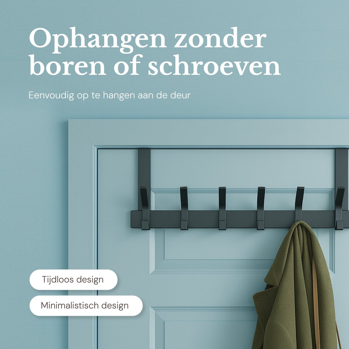 O'DADDY® Porte-manteau - 6 crochets - Crochet de porte - Cintre de porte - Porte-manteau suspendu - Crochet suspendu - Fixation avec du ruban adhésif 3M - Design industriel - Noir