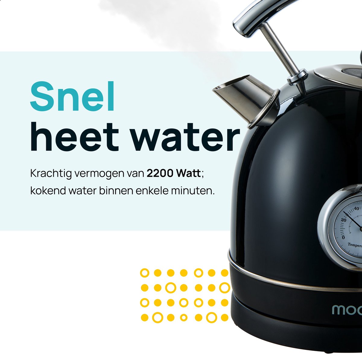 MOA® Retro Kettle - 1,8 litre - Acier inoxydable - Avec thermomètre et filtre anticalcaire - 2200W - Noir