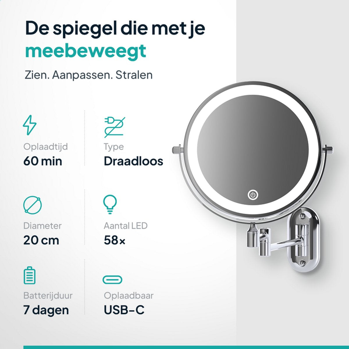 Mirlux Miroir de maquillage avec éclairage LED 20 cm - grossissement 10x - rechargeable - miroir mural avec bras extensible - chrome