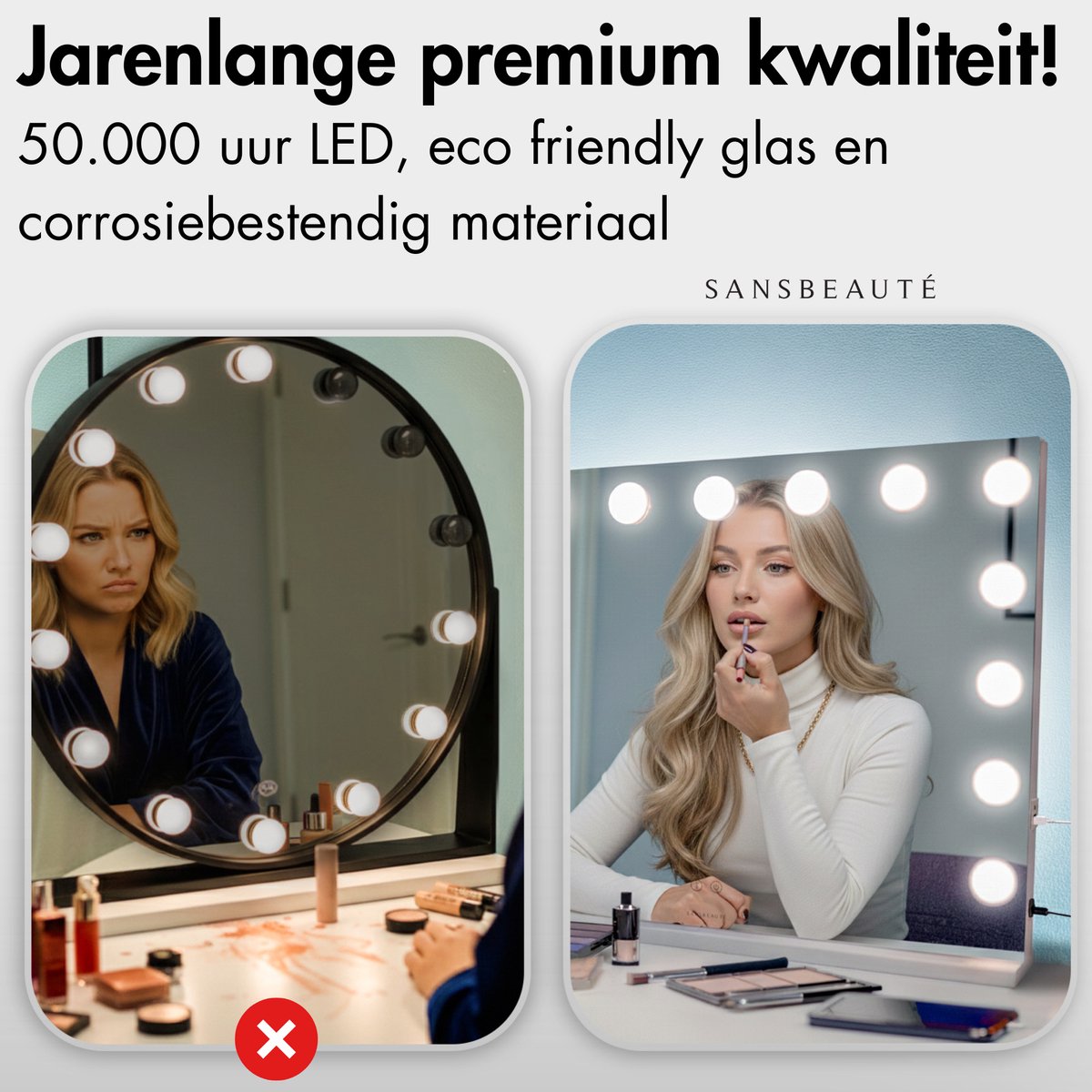 Sansbeauté® Hollywood Mirror 58x43 cm - Miroir de maquillage - 15 lampes LED - grossissement 10x - dimmable - port de charge USB - Touch Control - Bluetooth - blanc