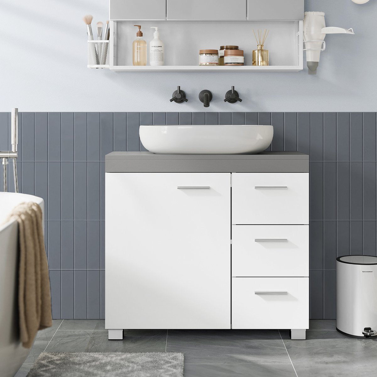 EUGAD meuble bas pour lavabo - meuble de salle de bain avec 3 tiroirs et 2 compartiments - étagère réglable - blanc gris - 60 x 60 x 30 cm