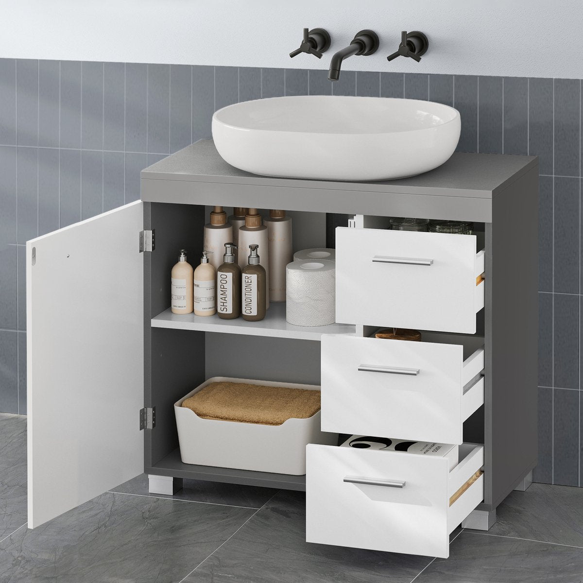 EUGAD meuble bas pour lavabo - meuble de salle de bain avec 3 tiroirs et 2 compartiments - étagère réglable - blanc gris - 60 x 60 x 30 cm