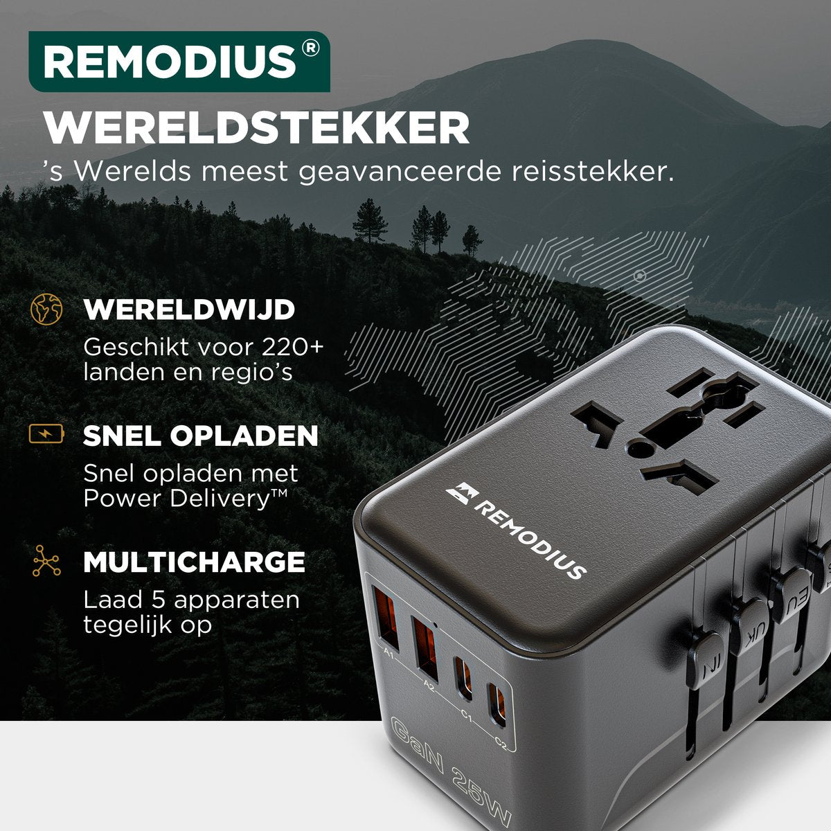Remodius World Plug - Adaptateur de voyage universel pour plus de 220 pays - 2x USB-C & 2x USB-A - Chargeur rapide - Type A/B/C/D/E/F/G/I/J/L/N - Compact et résistant aux bagages à main