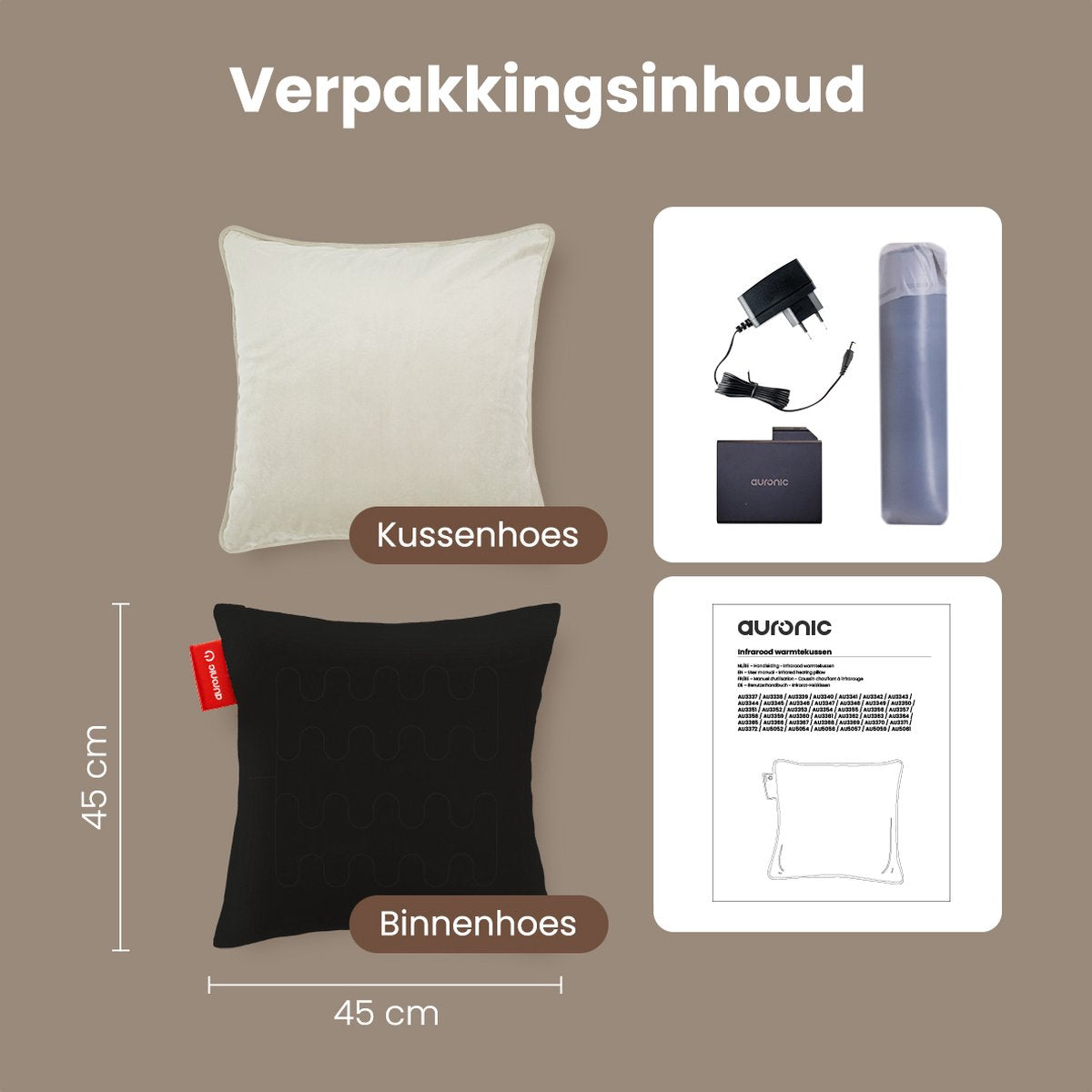 Auronic Wireless Heat Pillow - Velvet 45x45 cm | Rechargeable et électrique | Chauffage infrarouge | 3 niveaux de chaleur | Taupe
