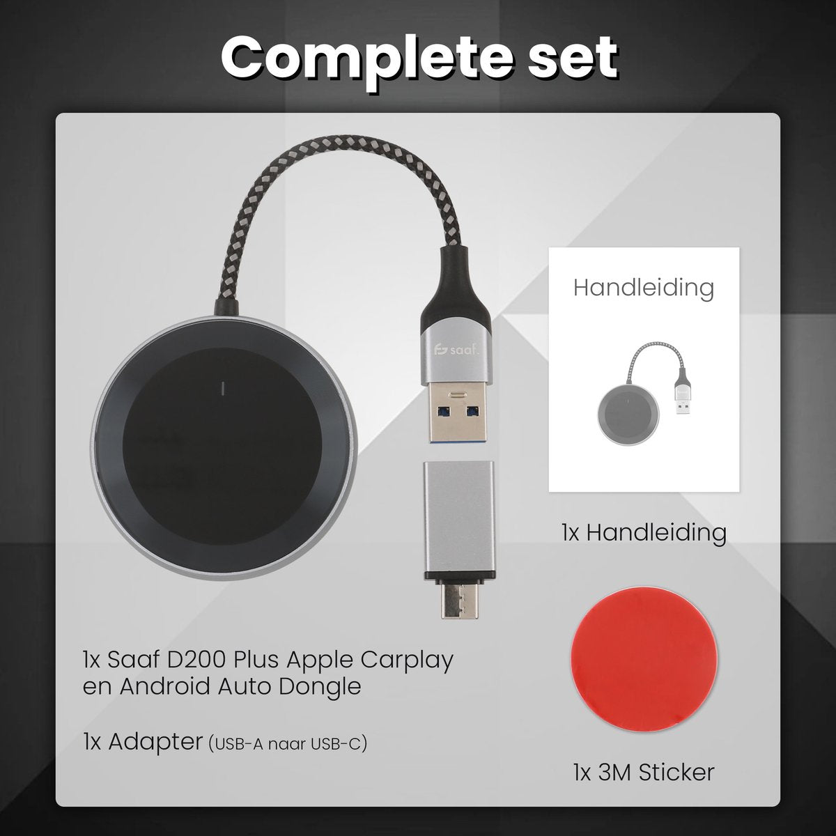 Saaf D200 Plus Apple CarPlay & Android Auto Dongle - Sans fil - USB-C & USB-A - Compact 6,5 x 3,5 x 1,2 cm