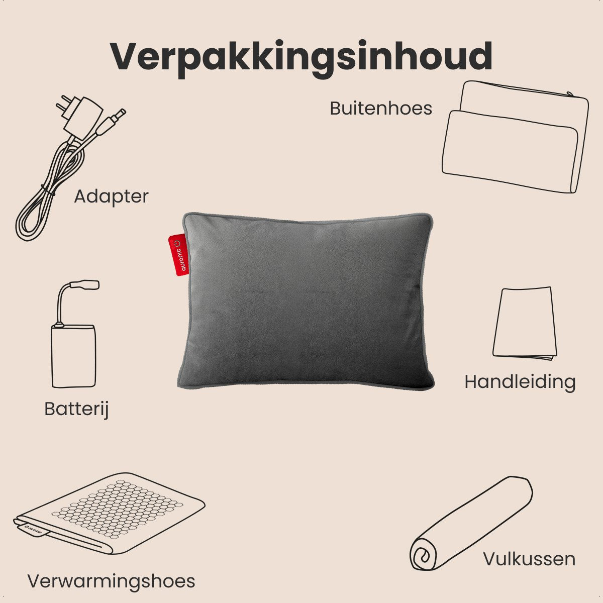 Auronic Heat Pillow - Velours - 45x60 - Sans fil - Rechargeable - Oreiller électrique - Infrarouge - Gris