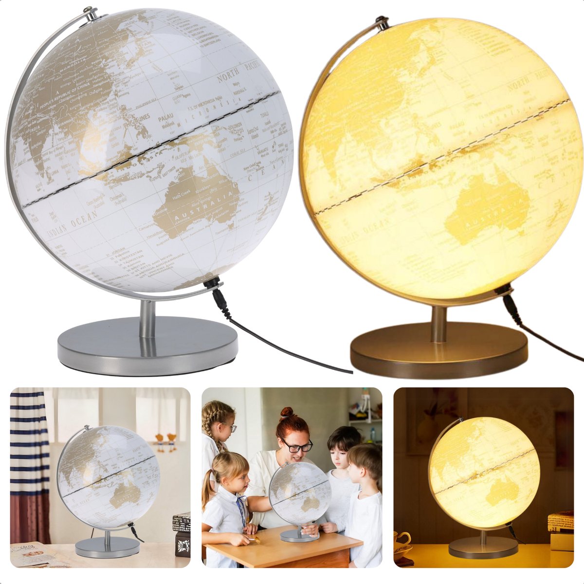 Cheqo® Lampe Globe 31 cm - Globe LED avec éclairage - Or blanc - Lampe Globe USB décorative