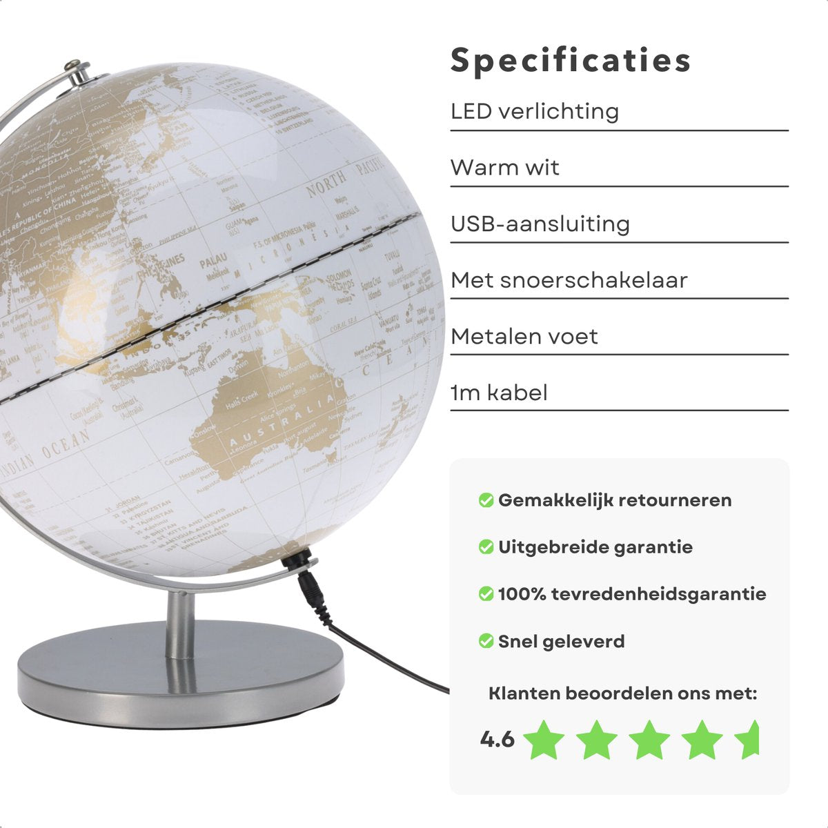 Cheqo® Lampe Globe 31 cm - Globe LED avec éclairage - Or blanc - Lampe Globe USB décorative