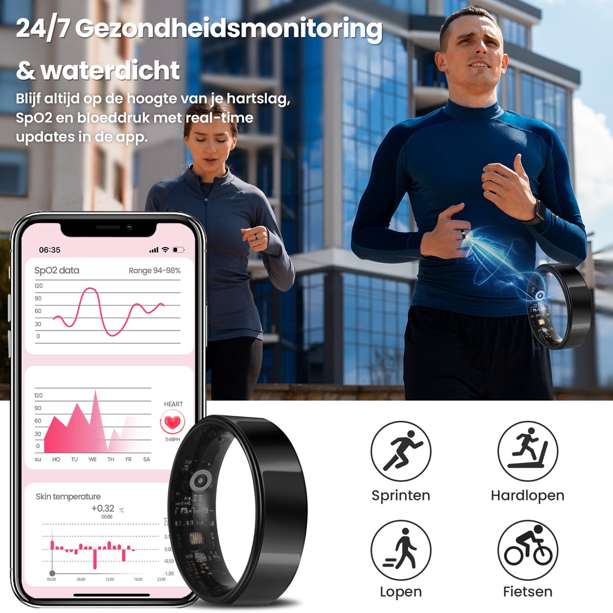 Saaf Smart Ring - Noir - Taille 8 - Traceur d'activité mince pour les femmes et les hommes