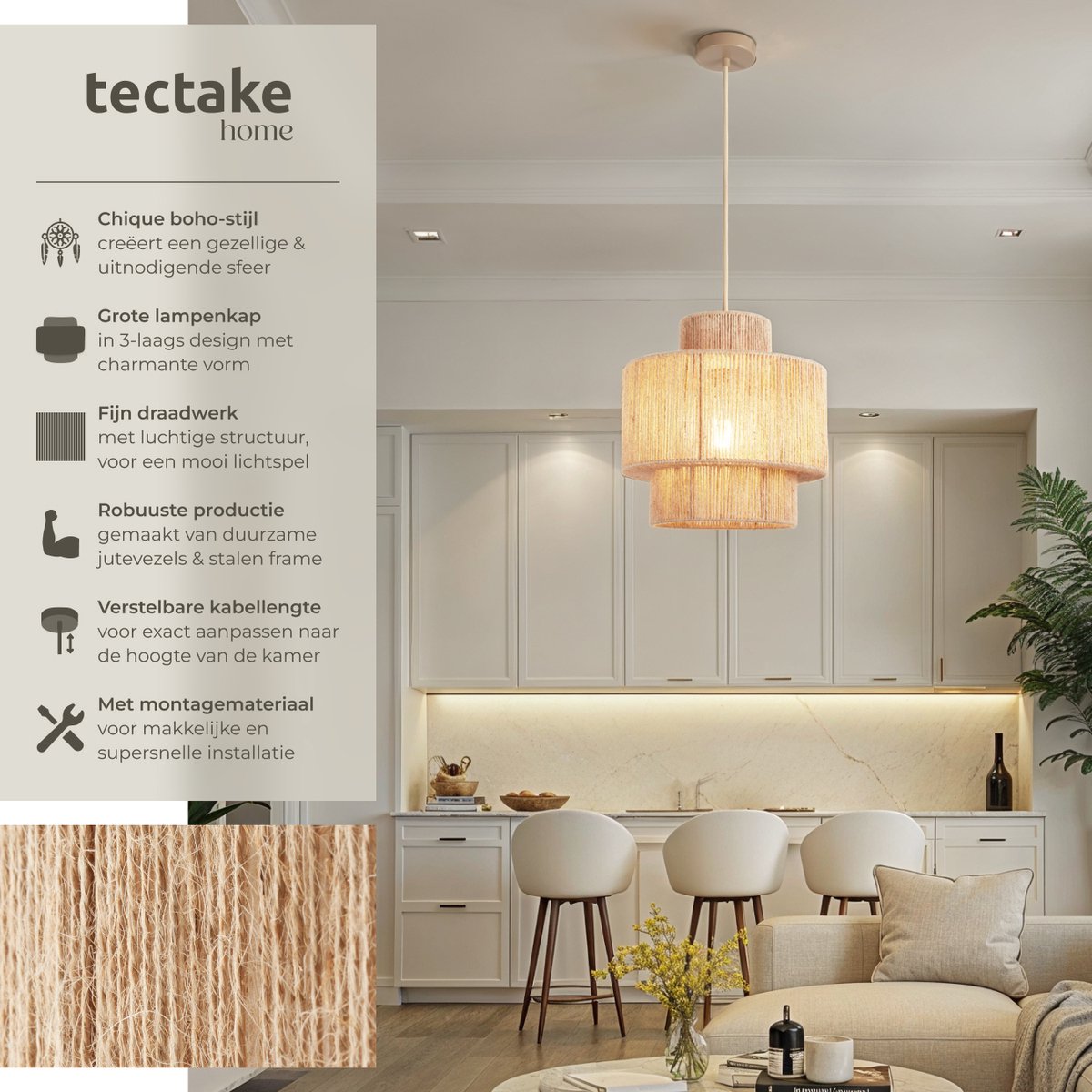 Tectake Lampe pendante Allegra - Plafonnier en jute Ø32 cm - Design Boho - Prise E27 - Max. 40W - Beige