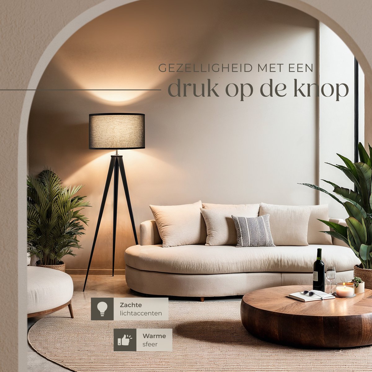 tectake® Lampadaire - Lampadaire 3 pieds - Hauteur 158 cm - Abat-jour aspect lin - Interrupteur à pied - Noir