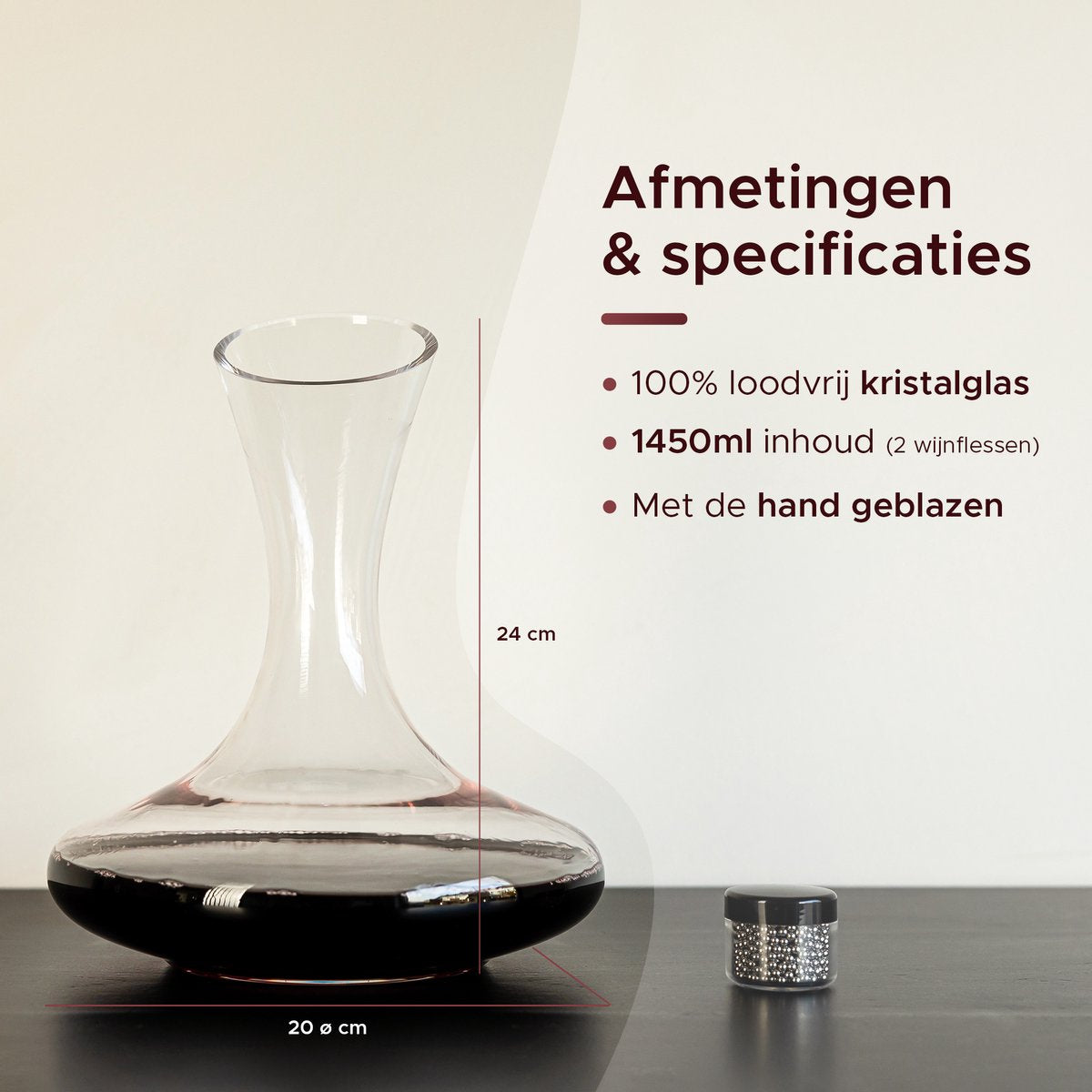 Luxwine Decanter - Carafe à vin - 1,45L - 1000 perles de nettoyage incluses - Bouchon en liège inclus - Verre en cristal - Design élégant