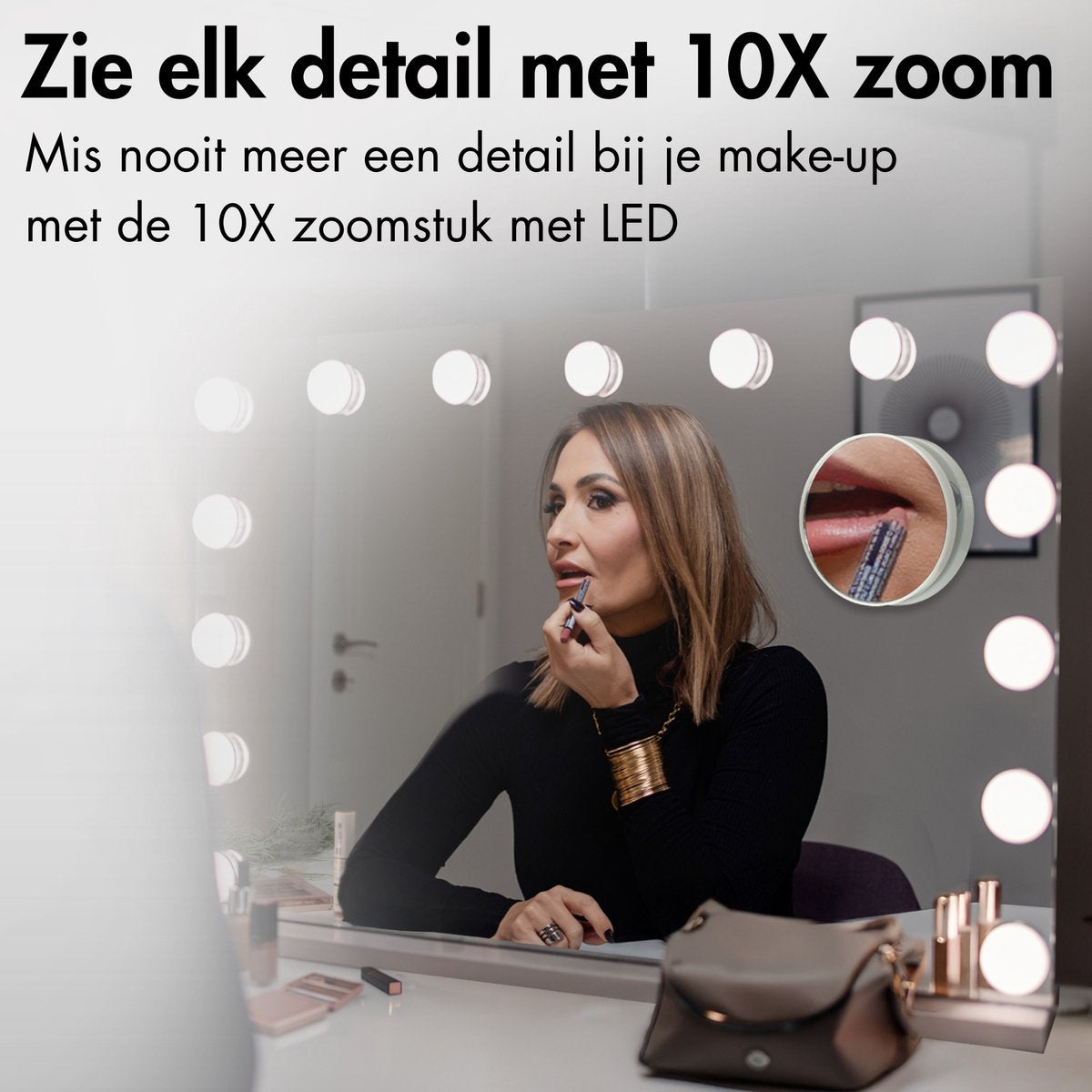 Sansbeauté® Hollywood Mirror 58x43 cm - Miroir de maquillage - 15 lampes LED - grossissement 10x - dimmable - port de charge USB - Touch Control - Bluetooth - blanc
