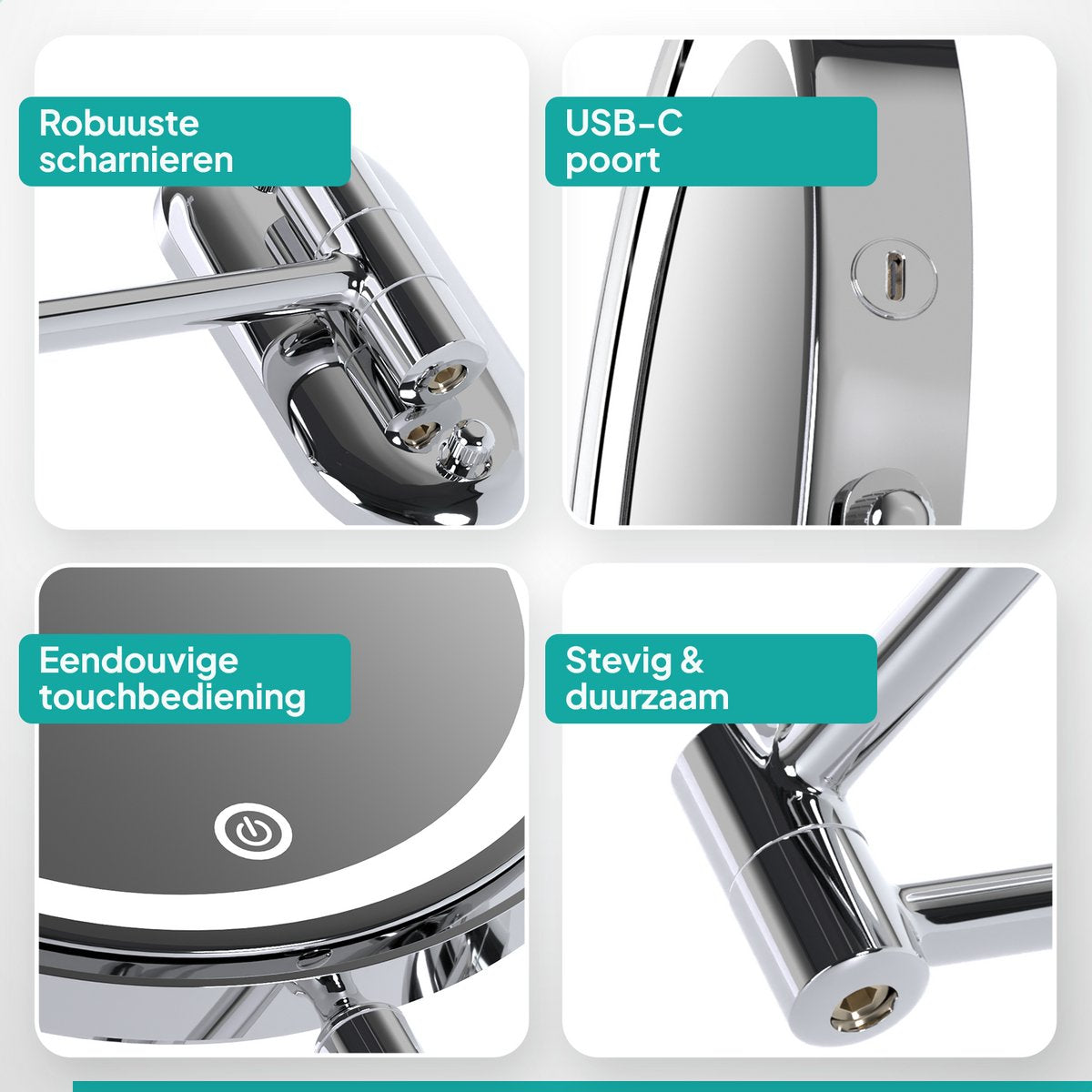 Mirlux Miroir de maquillage avec éclairage LED 20 cm - grossissement 10x - rechargeable - miroir mural avec bras extensible - chrome