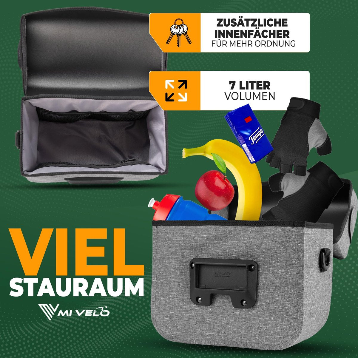 MIVELO Sacoche guidon enfant KLICKfix - Imperméable - Compartiment mobile - Gris