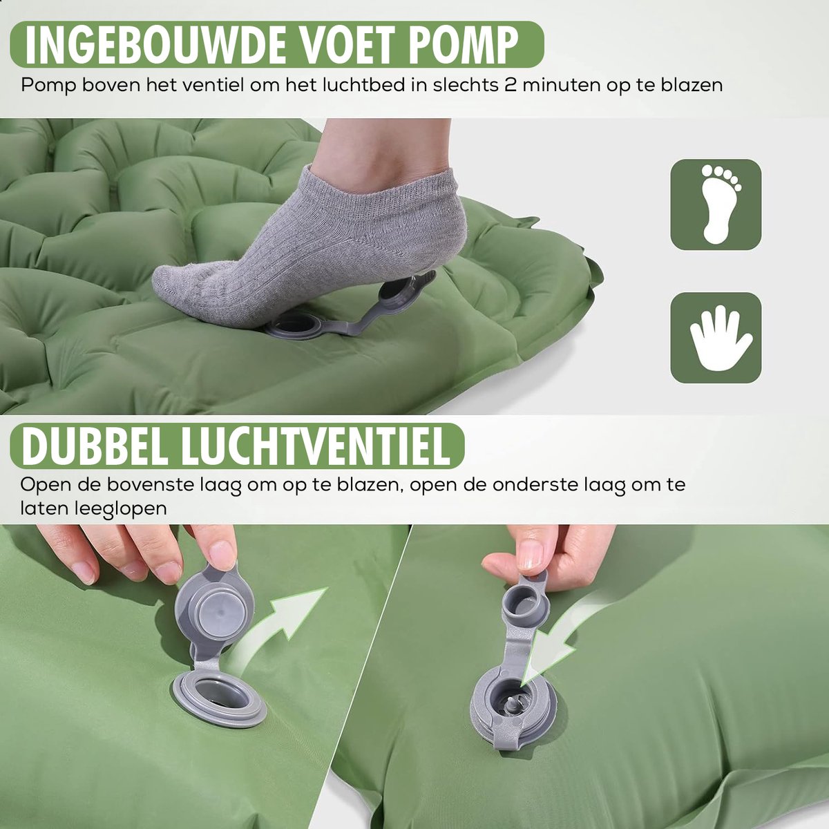 Travelhawk Airbed - Lit de camping - Pompe intégrée - 1 personne - Matelas de couchage 1 personne - Système Click - Vert