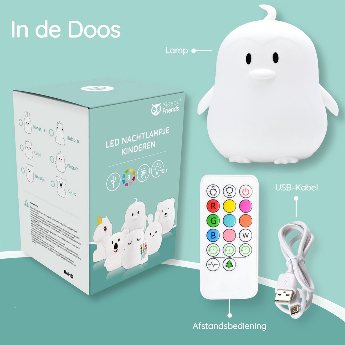Veilleuse Sleepy Friends Penguin Kids - 8 couleurs LED - Dimmable & Touch - Rechargeable par USB - 95.2 x 97.4 x 100 mm - Silicone doux