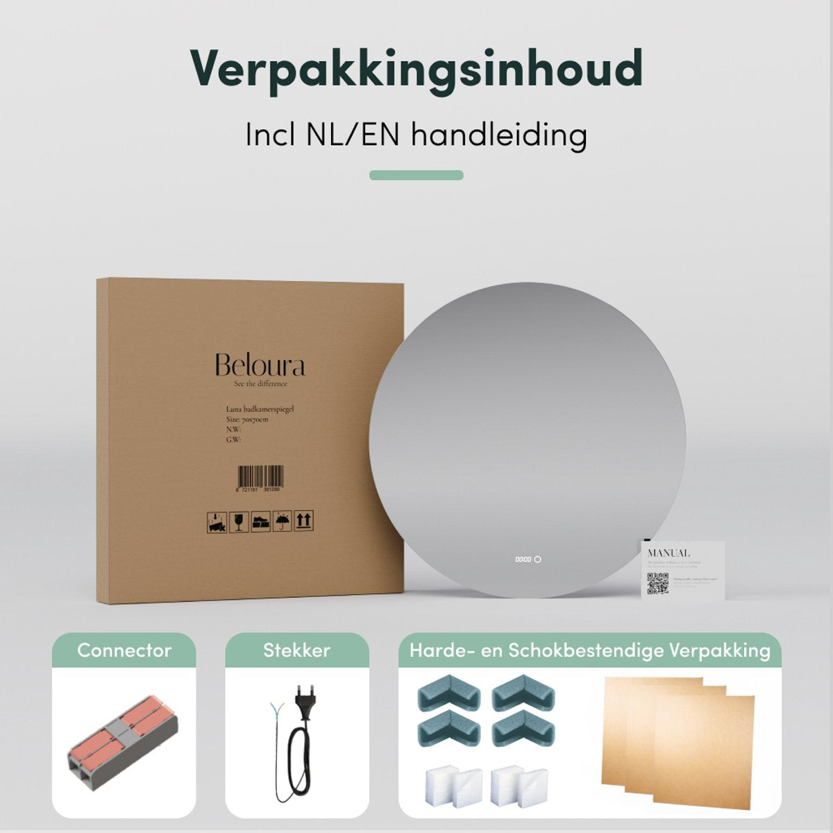 Beloura Miroir de salle de bain avec éclairage - Miroir de salle de bain rond - Chauffage - Horloge - LED - 70 cm